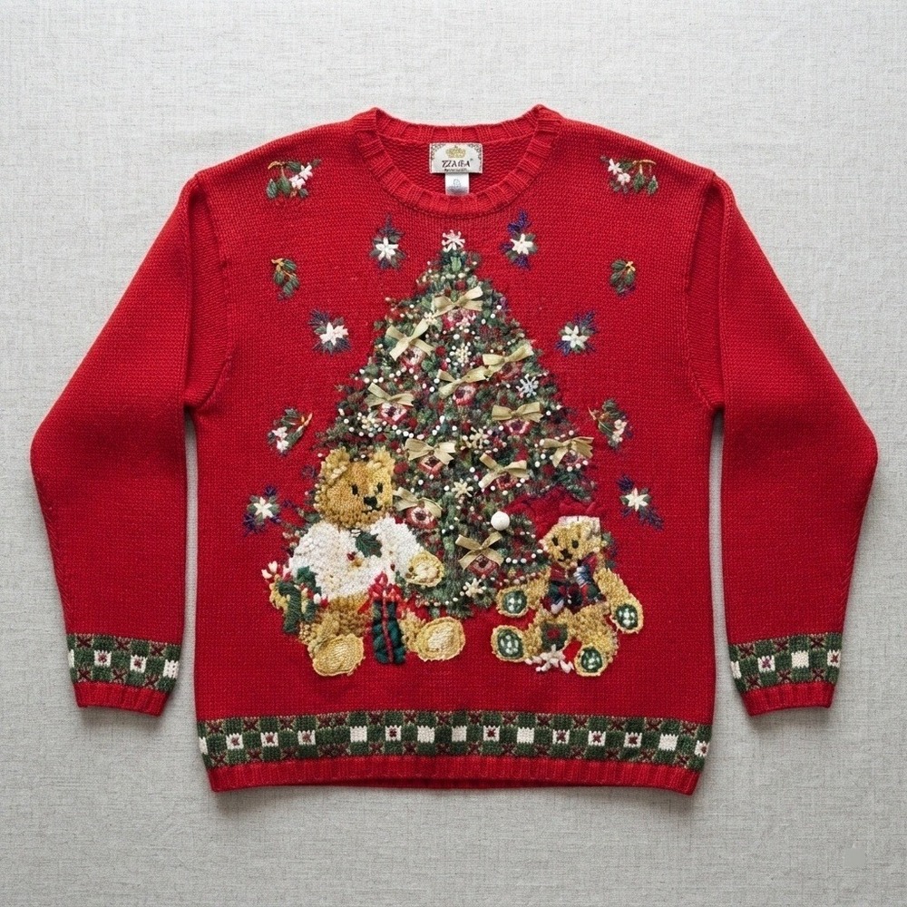 nwt vtg 90s ugly Christmas Sweater Teddy Bear Tree Embroidered 3x beaded 3d knit